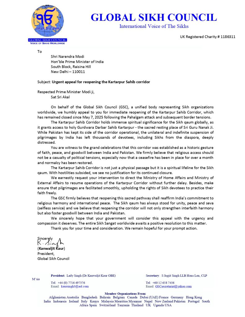 GSC letter to PM for reopening the Kartarpur Sahib corridor page 0001