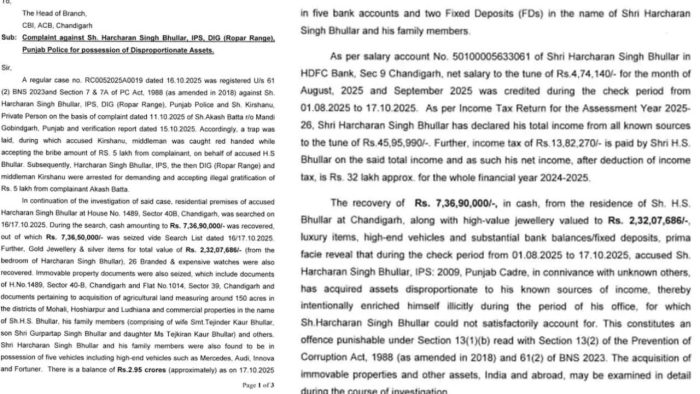 ਮੁਅੱਤਲ ਸਾਬਕਾ DIG ਹਰਚਰਨ ਸਿੰਘ ਭੁੱਲਰ 'ਤੇ CBI ਨੇ ਆਮਦਨ ਤੋਂ ਵੱਧ ਮਾਮਲੇ 'ਚ ਦਰਜ ਕੀਤੀ FIR 3 fir