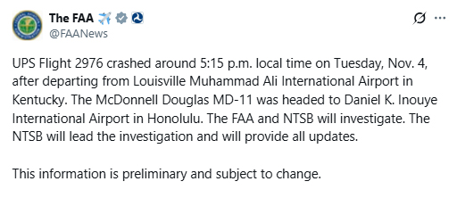 ਅਮਰੀਕਾ ਦੇ ਕੈਂਟਕੀ 'ਚ ਕਾਰਗੋ UPS 2976 ਜਹਾਜ਼ ਡਿੱਗਿਆ 3 ups