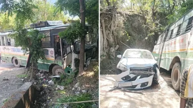 Photo of HRTC ਬੱਸ ਦੇ ਬ੍ਰੇਕ ਫੇਲ੍ਹ, ਕਾਰ ਨੂੰ ਟੱਕਰ ਮਾਰਨ ਤੋਂ ਬਾਅਦ ਪਹਾੜੀ ਨਾਲ ਟਕਰਾਈ